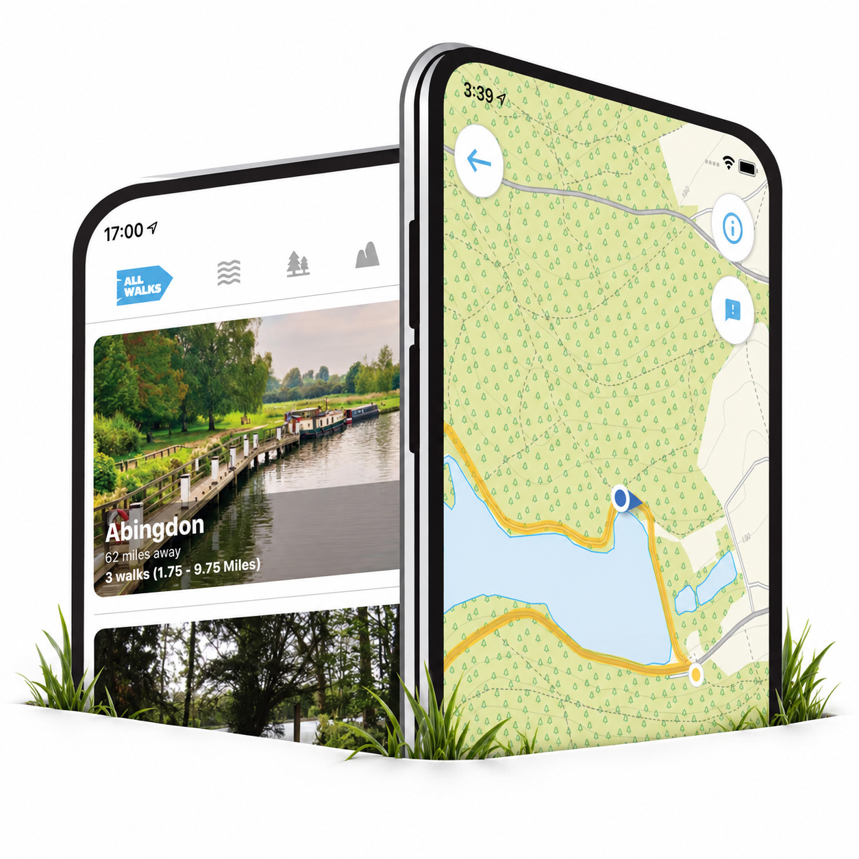 Local Walks app screens showing walking routes and GPS route maps